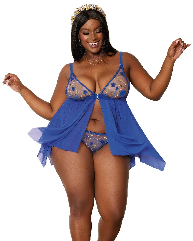 Dreamgirl 3D embroidery mesh babydoll and G-string set