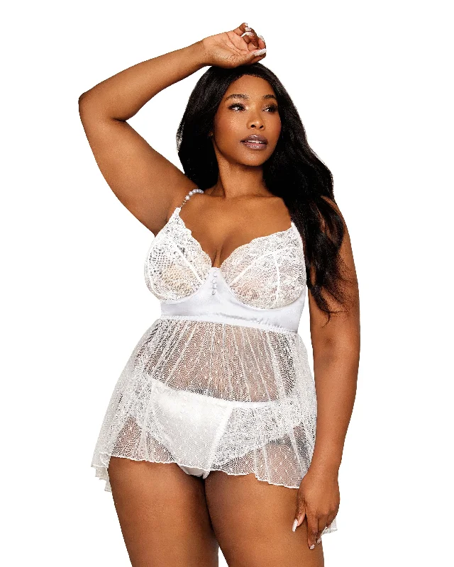 Dreamgirl Plus Size Satin, Stretch Lace, and Diamond Mesh Babydoll and Panty Set