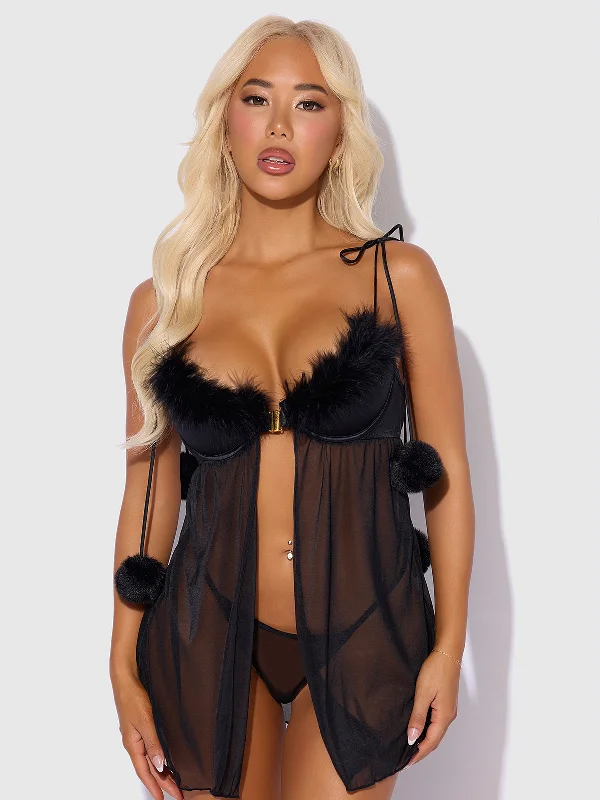 Scarlett Drop Off Open Front Marabou Babydoll & G-String