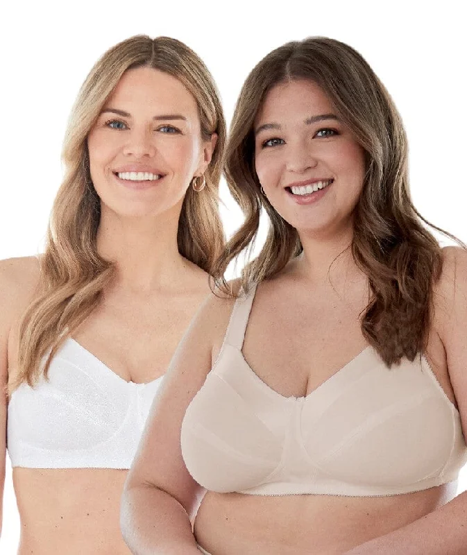 Bestform Satin Trim Wire-Free Cotton Bra With Unlined Cups 2 Pack - Nude/White