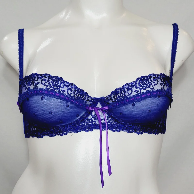 Jezebel 10427 Desire Unlined Semi Sheer Lace Demi Underwire Bra 32D Royal Blue