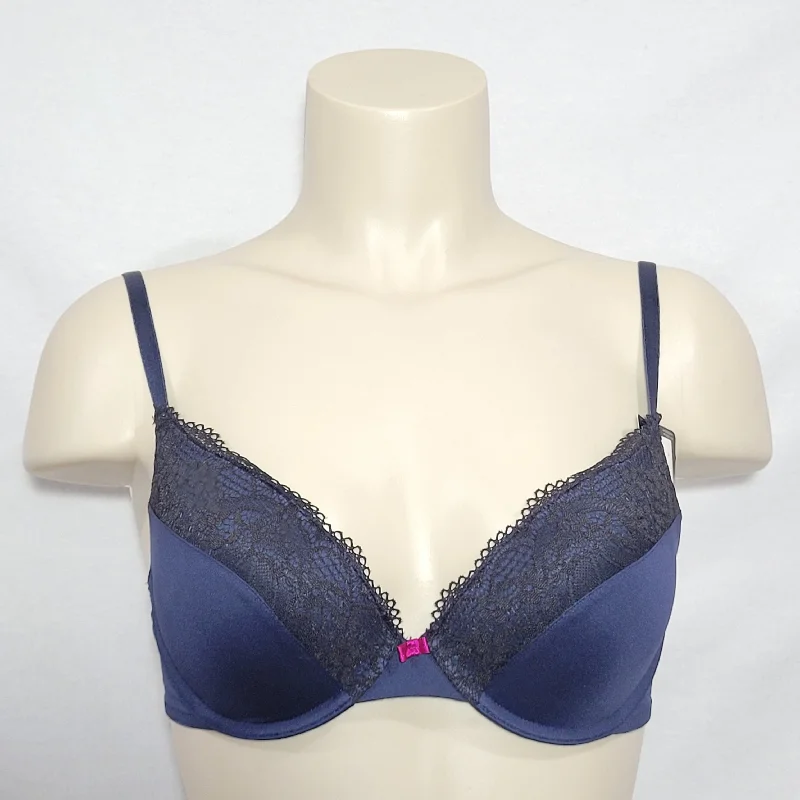 Maidenform 5679 Self Expressions Push-Up Underwire Bra 36B Navy Blue with Black Lace NWOT